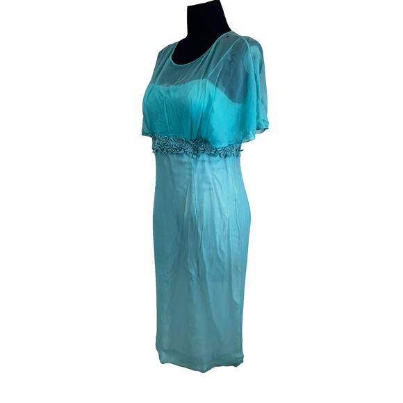 Vintage 1960s turquoise formal dress with floral trim and flutter sleeves. AS IS - Picture 14 of 14